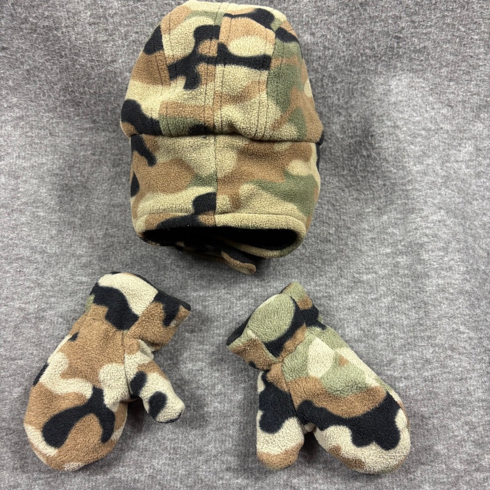 Kids Camo Fleece Trapper Hat w Mittens Set 2T-4T Winter Warm Playcore Practical - Picture 5 of 14